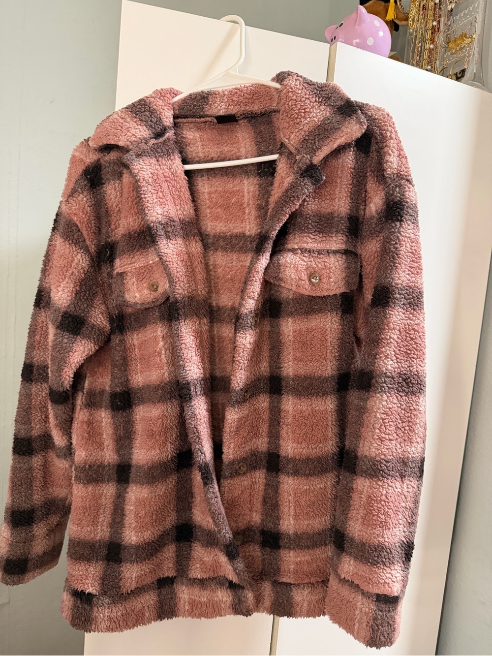 Plaid Teddy Shacket Jacket - Pink/Black